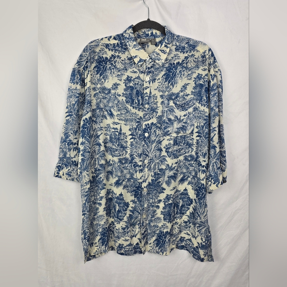 Asos Asian printed Button-Up Boxy Beachy Nautical Top sz Medium Tall Long